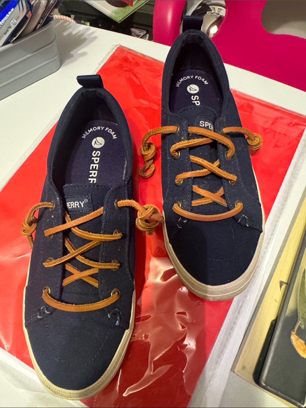 Sperry Navy Canvas Sneakers with Tan Leather Laces